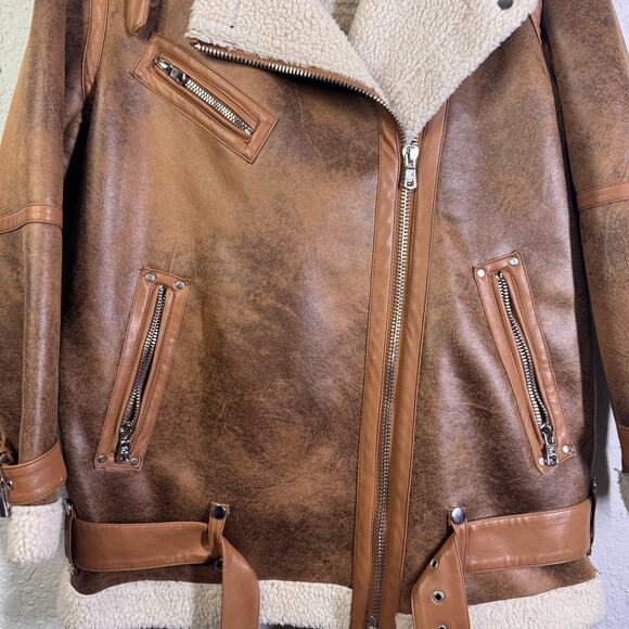 AVEC LES FILLES Coat Large Faux Leather Shearling Moto Jacket Notched Collar - Picture 8 of 15